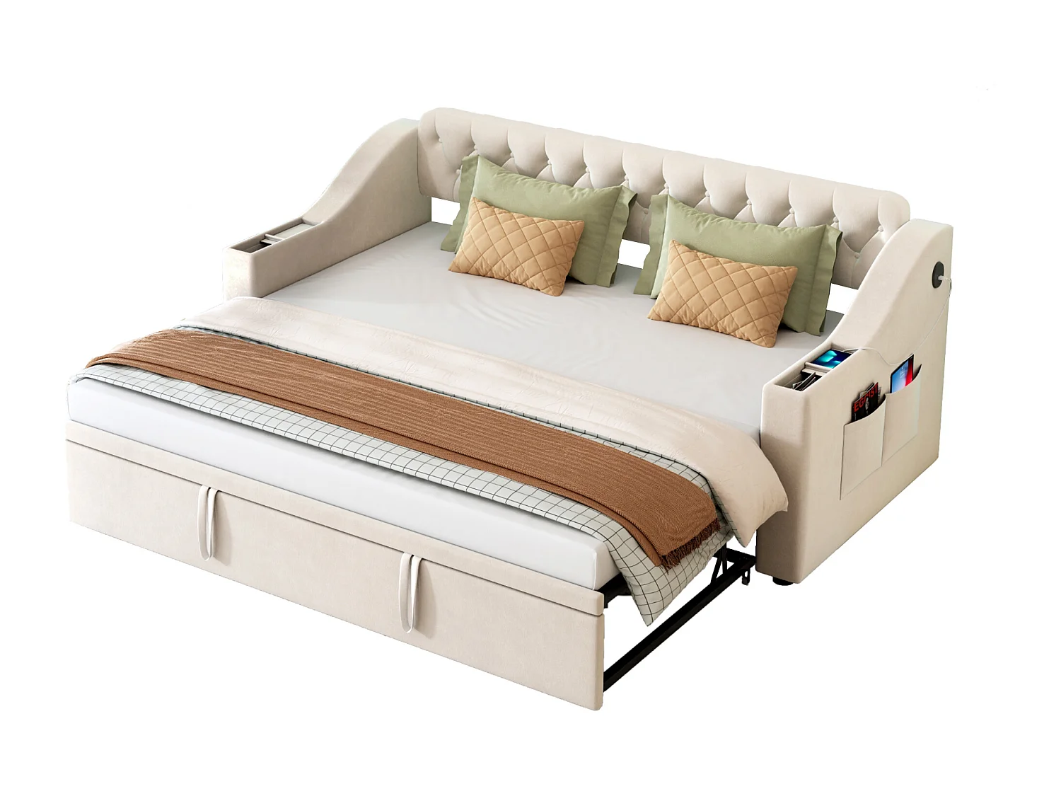 Lit gigogne 90/180 x 190 cm avec tête de lit - 2 poches et charge USB - Velours - Beige