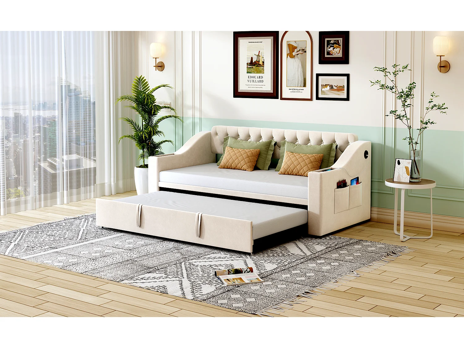 Ausziehbett 90/180 x 190 cm mit Kopfteil - 2 Taschen und USB-Ladefunktion - Samt - Beige