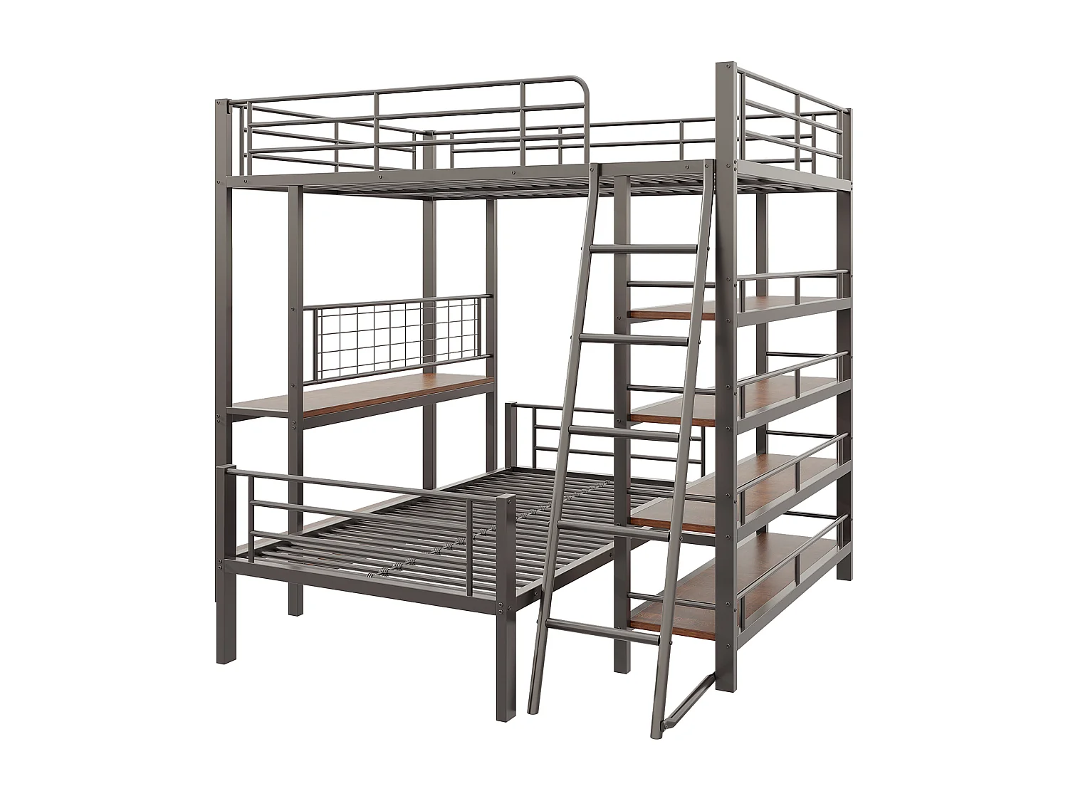 Etagenbetten 140x200cm + 90x200cm mit Schreibtisch und Ablageflächen - Metallgestell - für Kinder - Schwarz