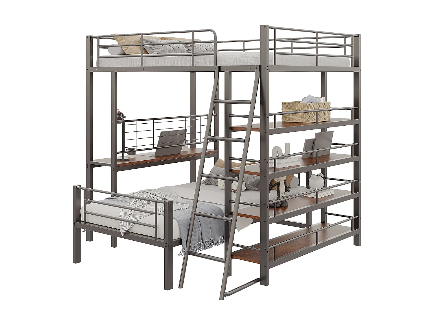 Etagenbetten 140x200cm + 90x200cm mit Schreibtisch und Ablageflächen - Metallgestell - für Kinder - Schwarz