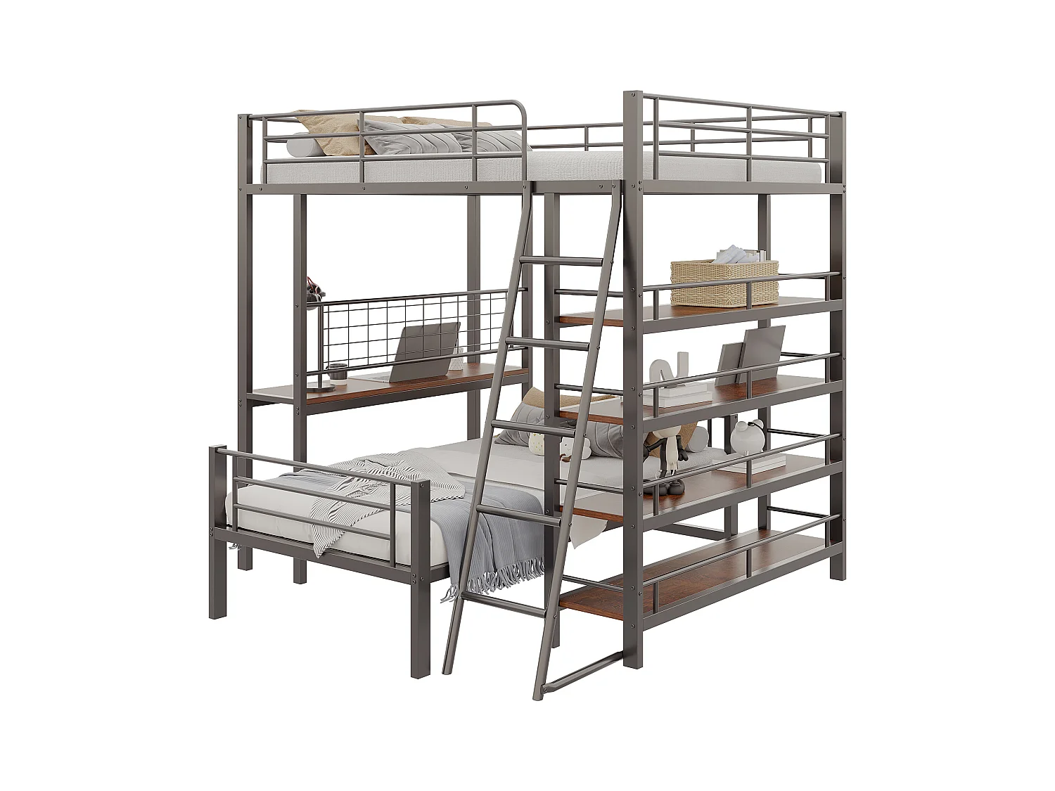 Stapelbed 140 x 200 cm + 90 x 200 cm met bureau en opbergplanken - Metalen frame - voor kinderen - Zwart