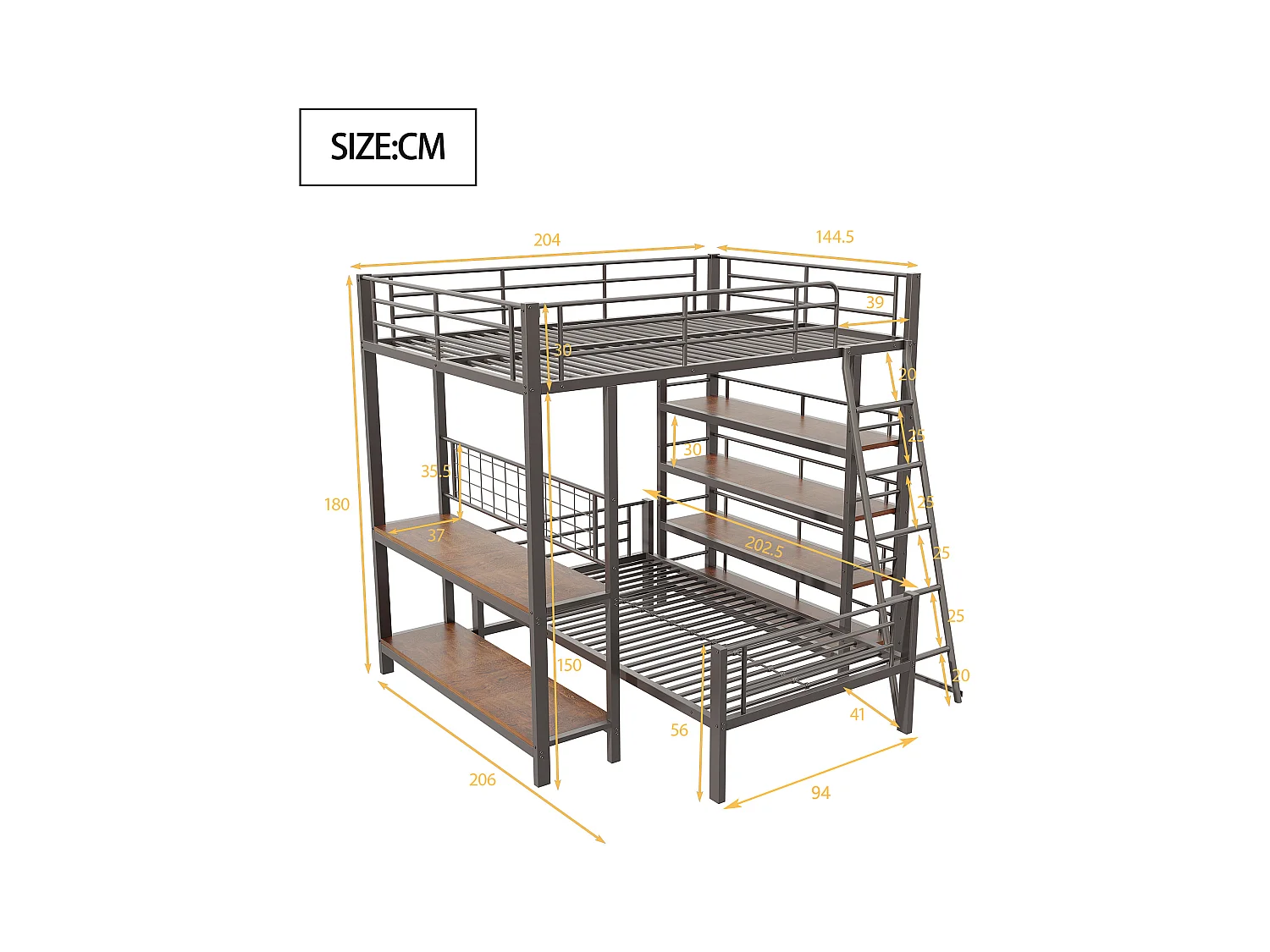 Stapelbed 140 x 200 cm + 90 x 200 cm met bureau en opbergplanken - Metalen frame - voor kinderen - Zwart