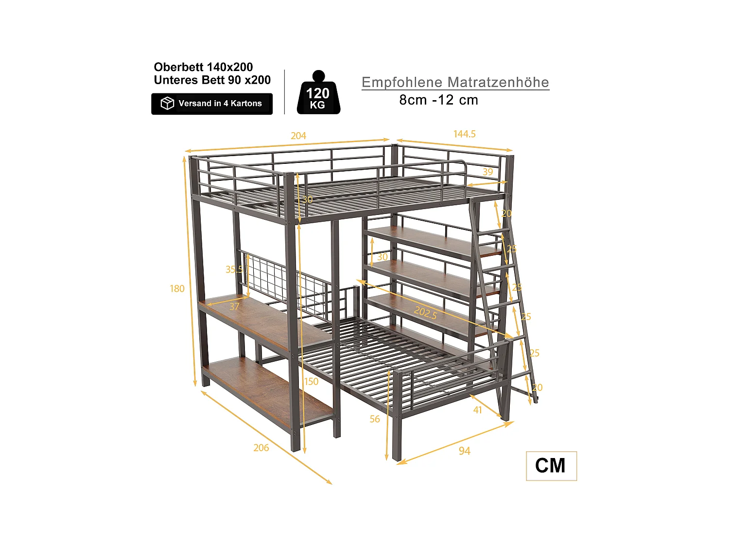 Stapelbed 140 x 200 cm + 90 x 200 cm met bureau en opbergplanken - Metalen frame - voor kinderen - Zwart