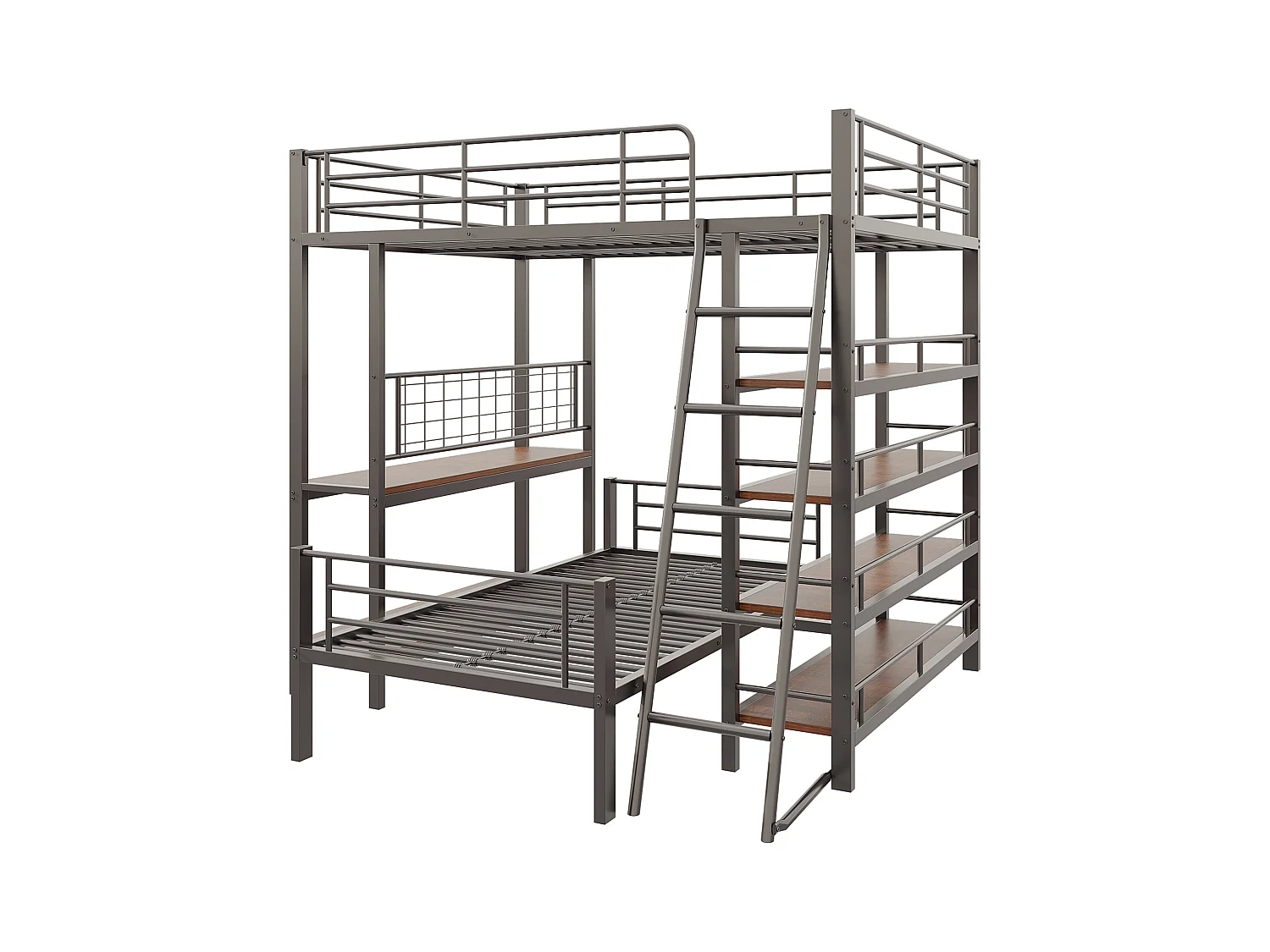 Stapelbed 140 x 200 cm + 90 x 200 cm met bureau en opbergplanken - Metalen frame - voor kinderen - Zwart