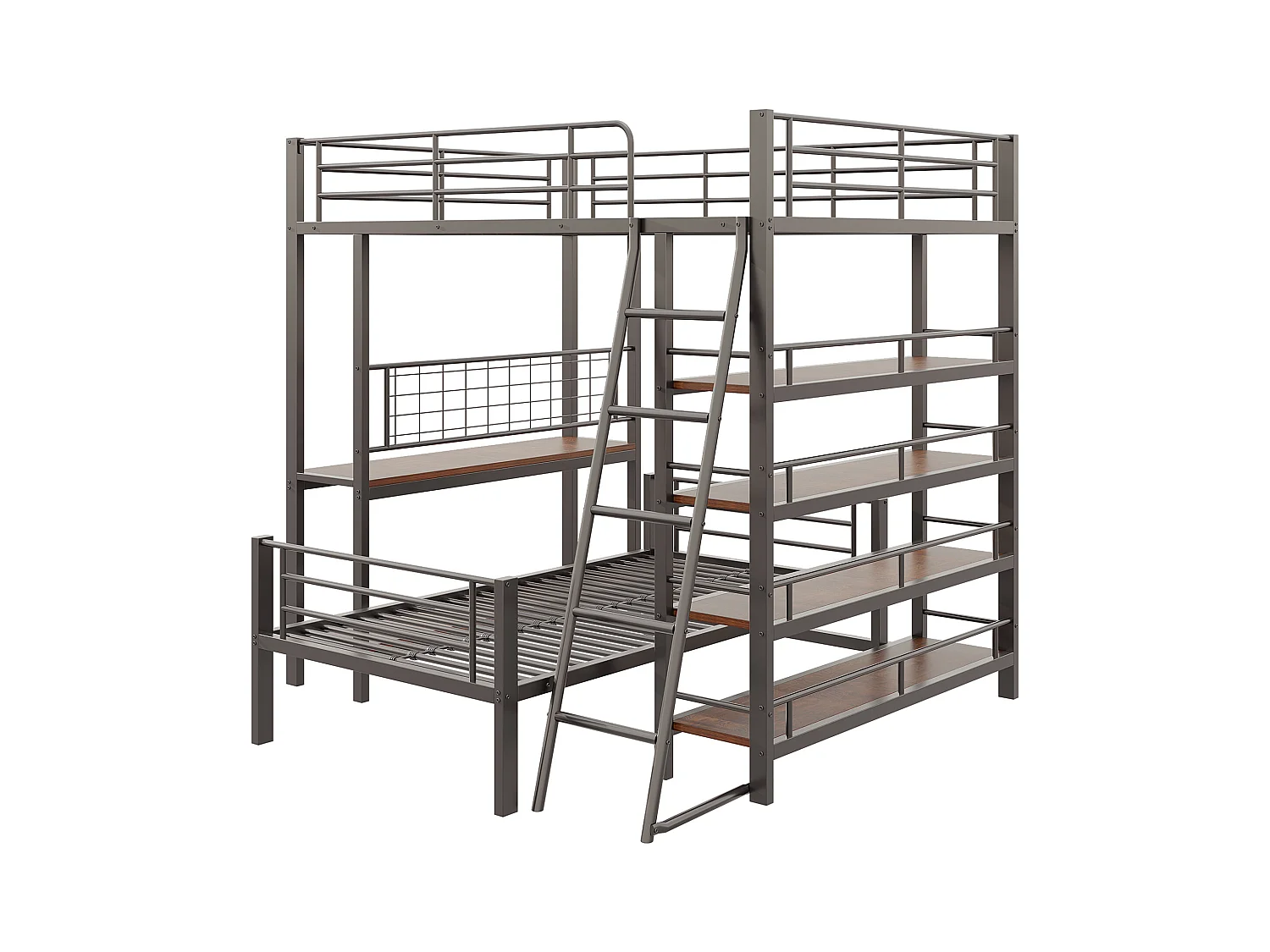 Stapelbed 140 x 200 cm + 90 x 200 cm met bureau en opbergplanken - Metalen frame - voor kinderen - Zwart