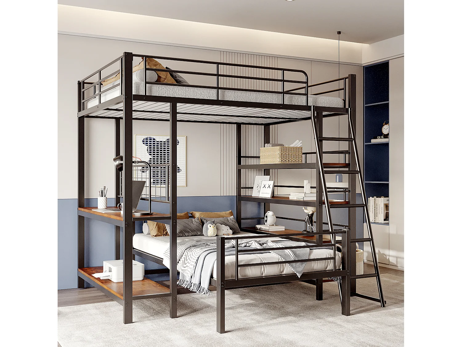 Lits superposés 140 x 200 cm + 90 x 200 cm avec bureau et étagères de rangement - Cadre en métal - pour enfant - Noir