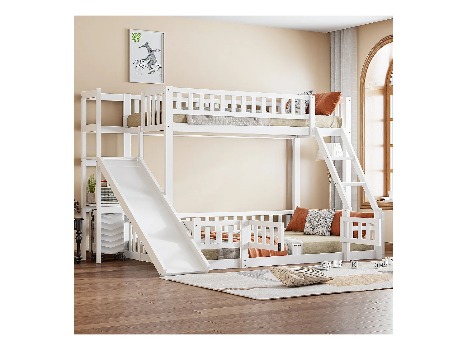 Lits superposés 140 x 200 cm + 90 x 200 cm avec toboggan, étagères et barrières de protection - Pin+MDF - Blanc (sans matelas)
