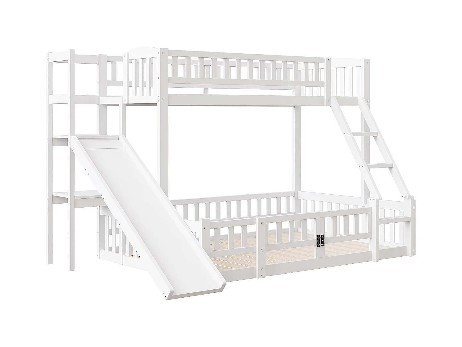 Lits superposés 140 x 200 cm + 90 x 200 cm avec toboggan, étagères et barrières de protection - Pin+MDF - Blanc (sans matelas)
