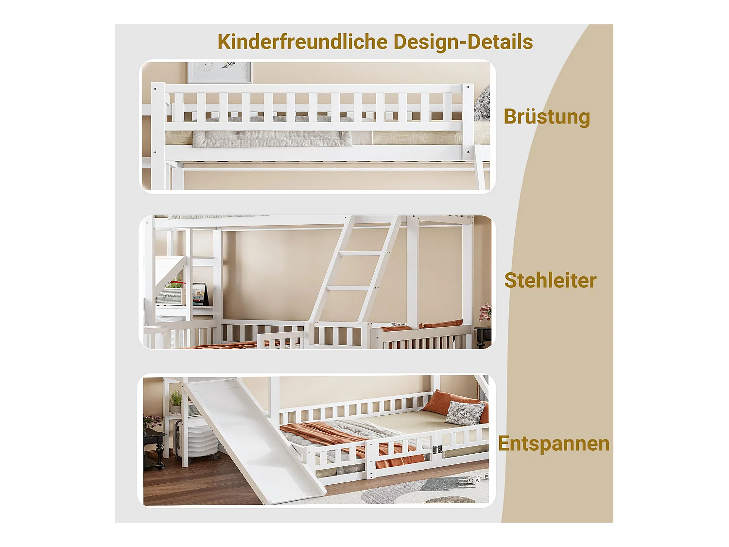 Lits superposés 140 x 200 cm + 90 x 200 cm avec toboggan, étagères et barrières de protection - Pin+MDF - Blanc (sans matelas)
