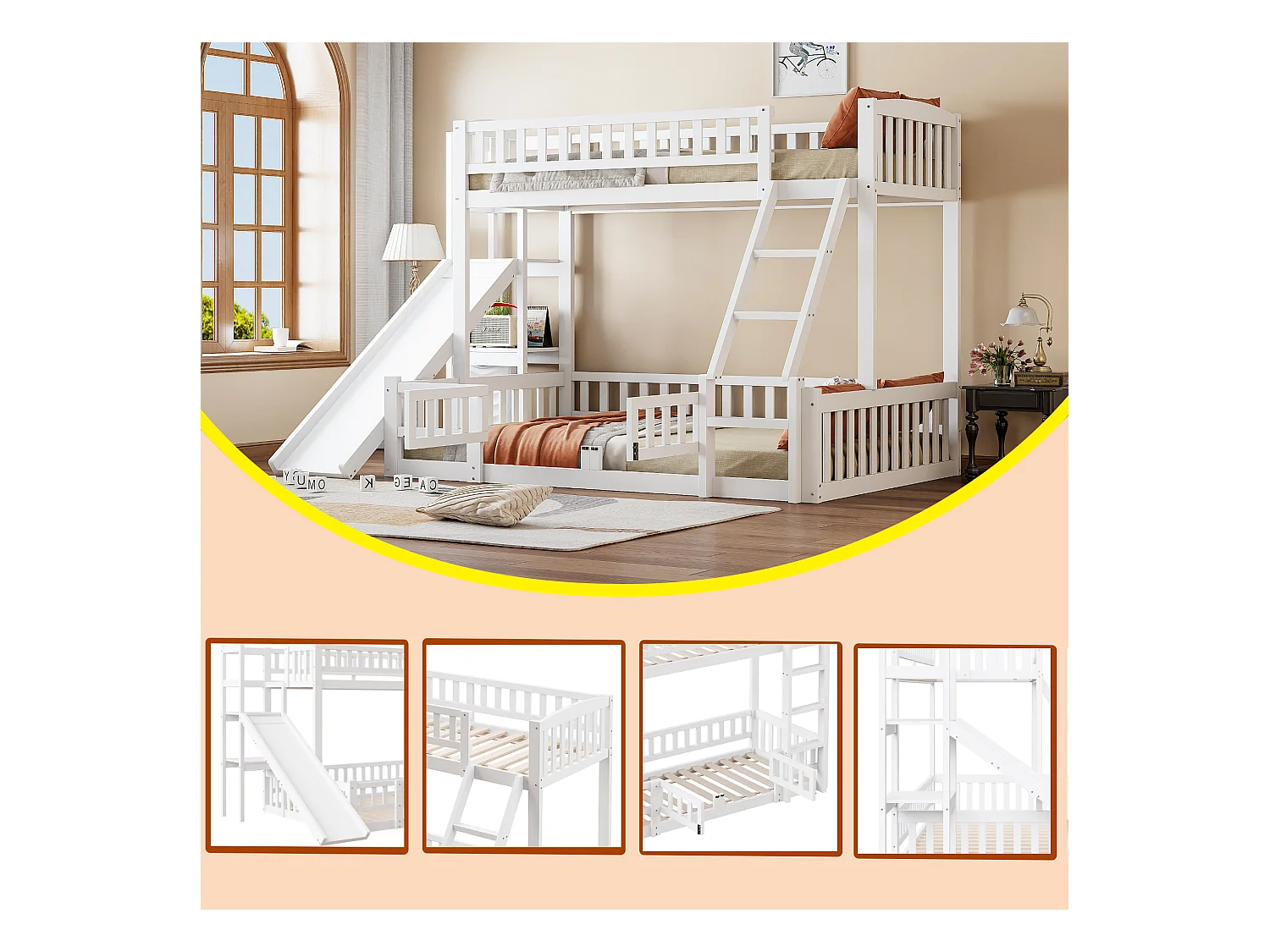Lits superposés 140 x 200 cm + 90 x 200 cm avec toboggan, étagères et barrières de protection - Pin+MDF - Blanc (sans matelas)