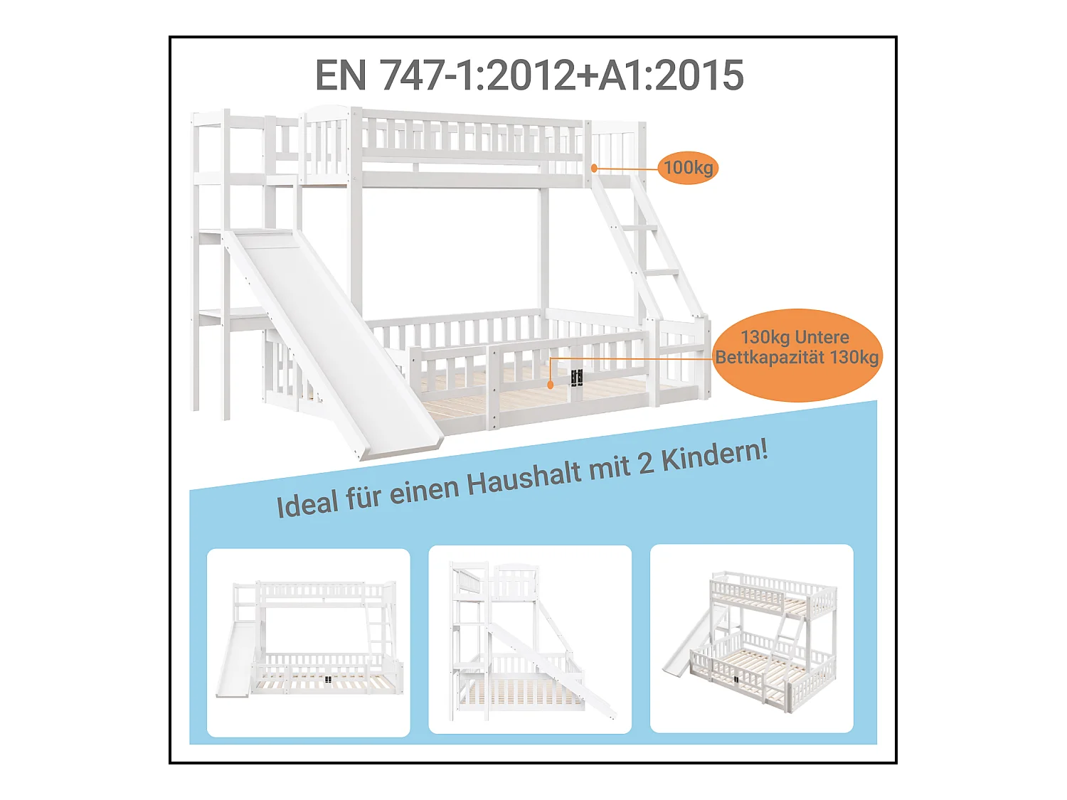 Lits superposés 140 x 200 cm + 90 x 200 cm avec toboggan, étagères et barrières de protection - Pin+MDF - Blanc (sans matelas)