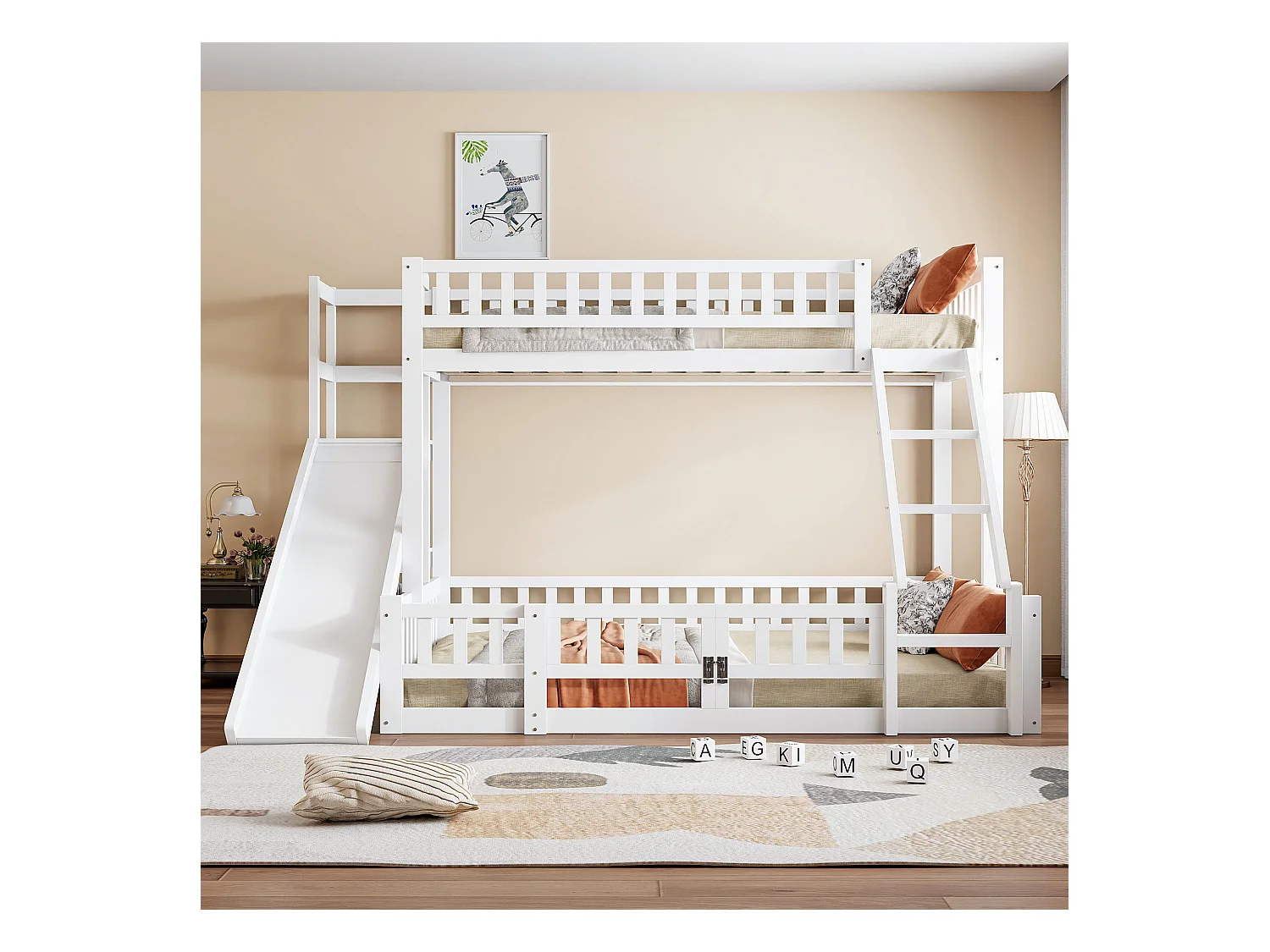 Lits superposés 140 x 200 cm + 90 x 200 cm avec toboggan, étagères et barrières de protection - Pin+MDF - Blanc (sans matelas)