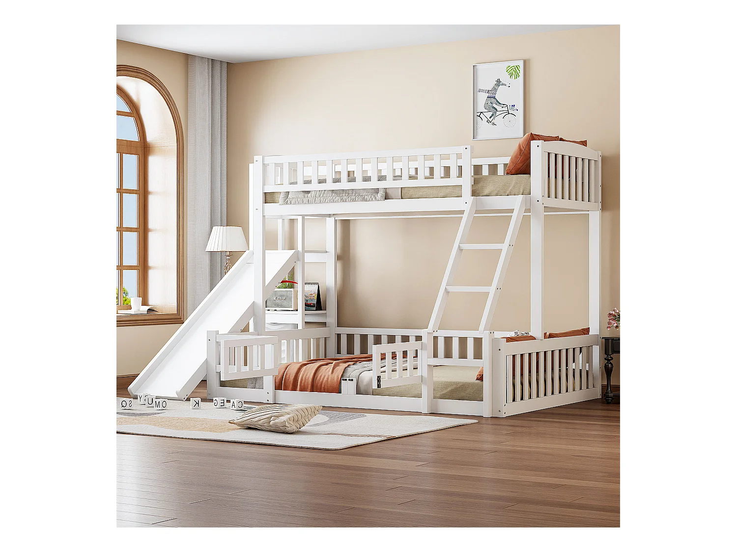 Lits superposés 140 x 200 cm + 90 x 200 cm avec toboggan, étagères et barrières de protection - Pin+MDF - Blanc (sans matelas)