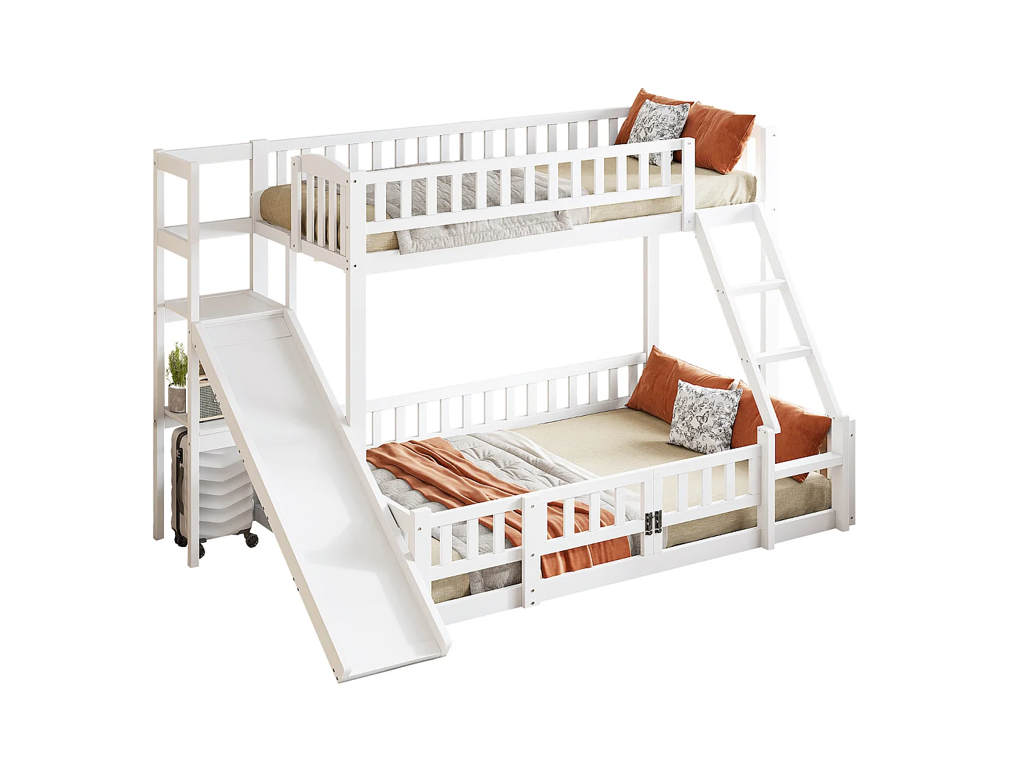 Lits superposés 140 x 200 cm + 90 x 200 cm avec toboggan, étagères et barrières de protection - Pin+MDF - Blanc (sans matelas)