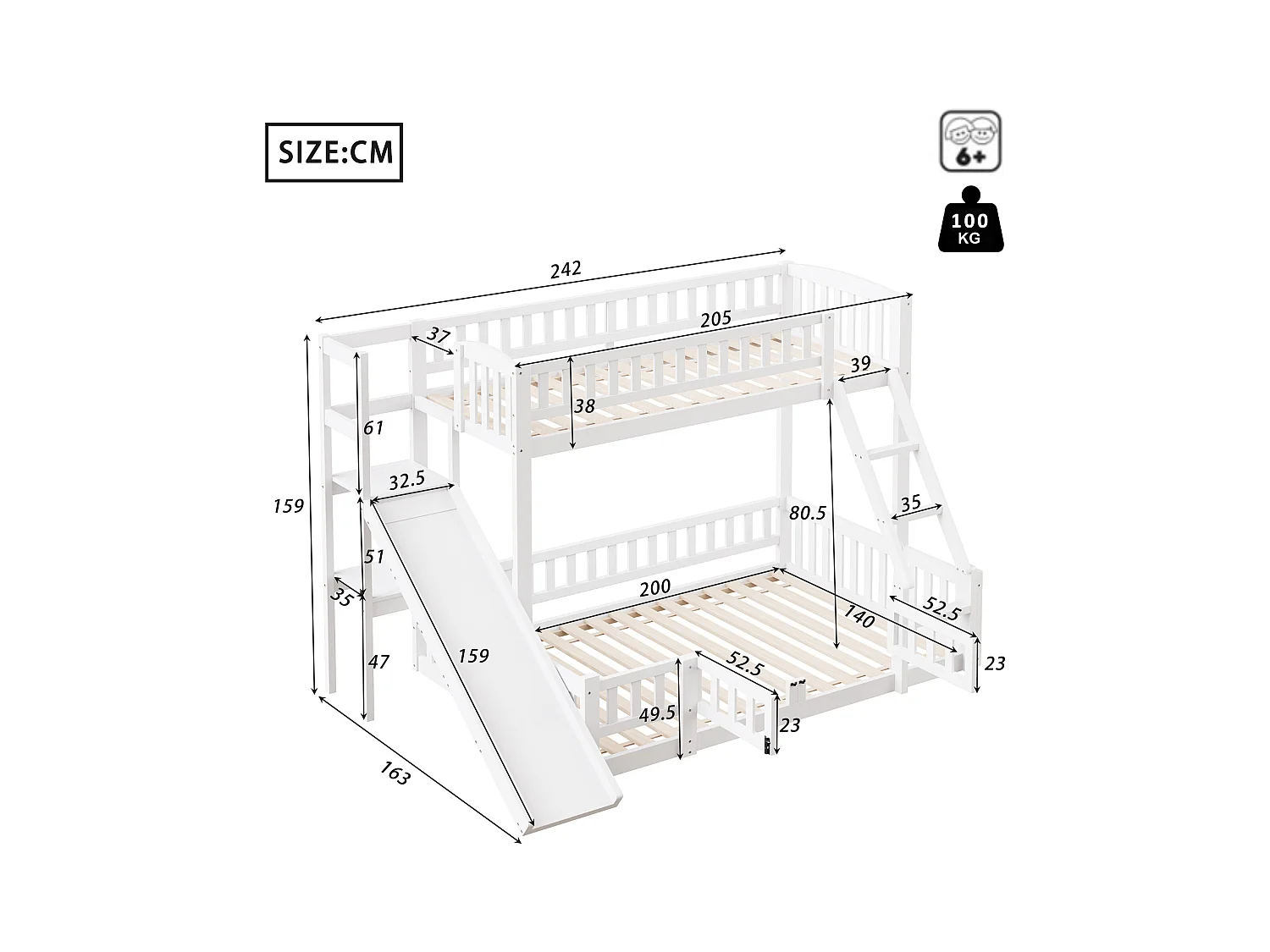 Lits superposés 140 x 200 cm + 90 x 200 cm avec toboggan, étagères et barrières de protection - Pin+MDF - Blanc (sans matelas)