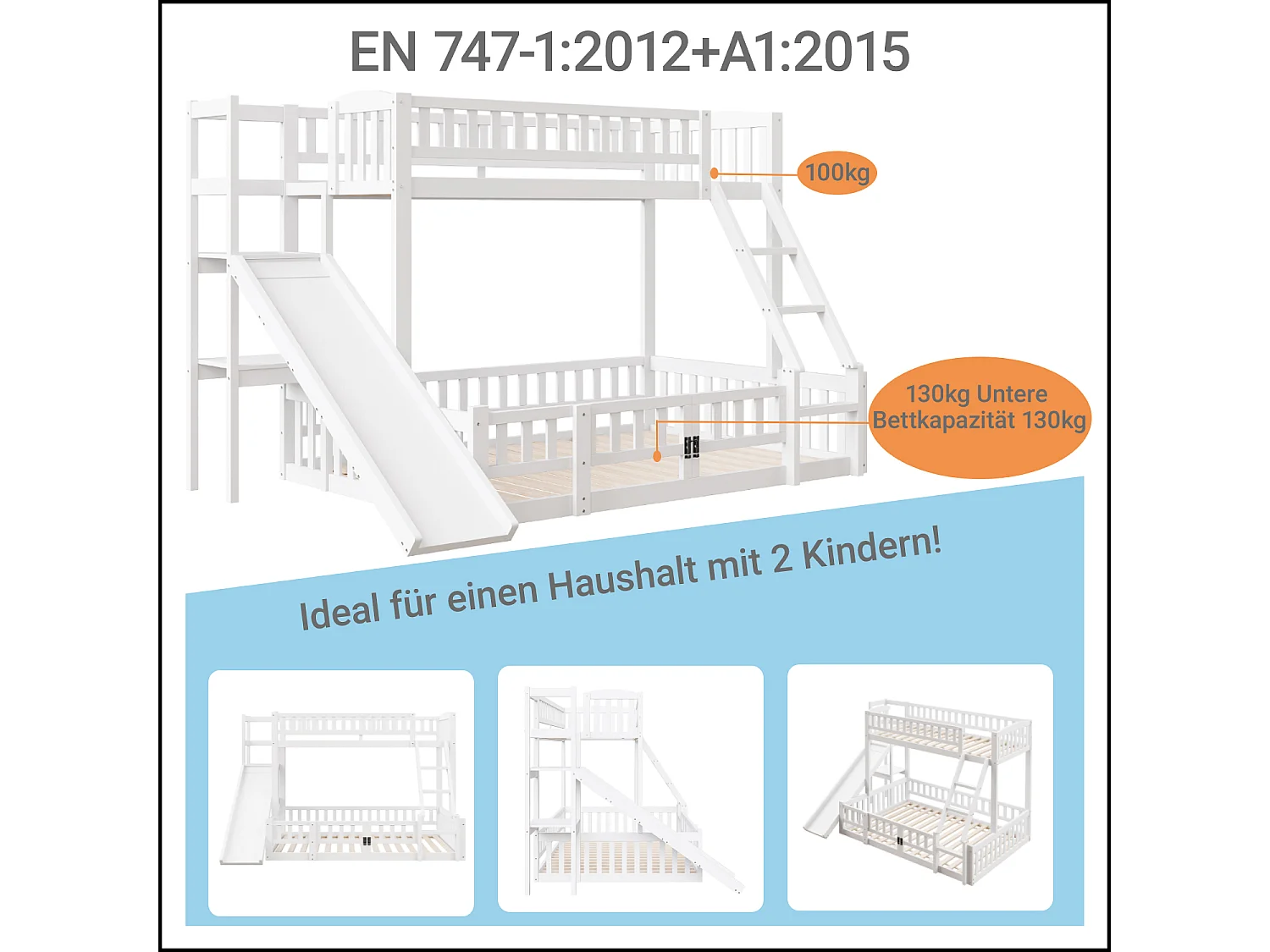 Lits superposés 140 x 200 cm + 90 x 200 cm avec toboggan, étagères et barrières de protection - Pin+MDF - Blanc (sans matelas)