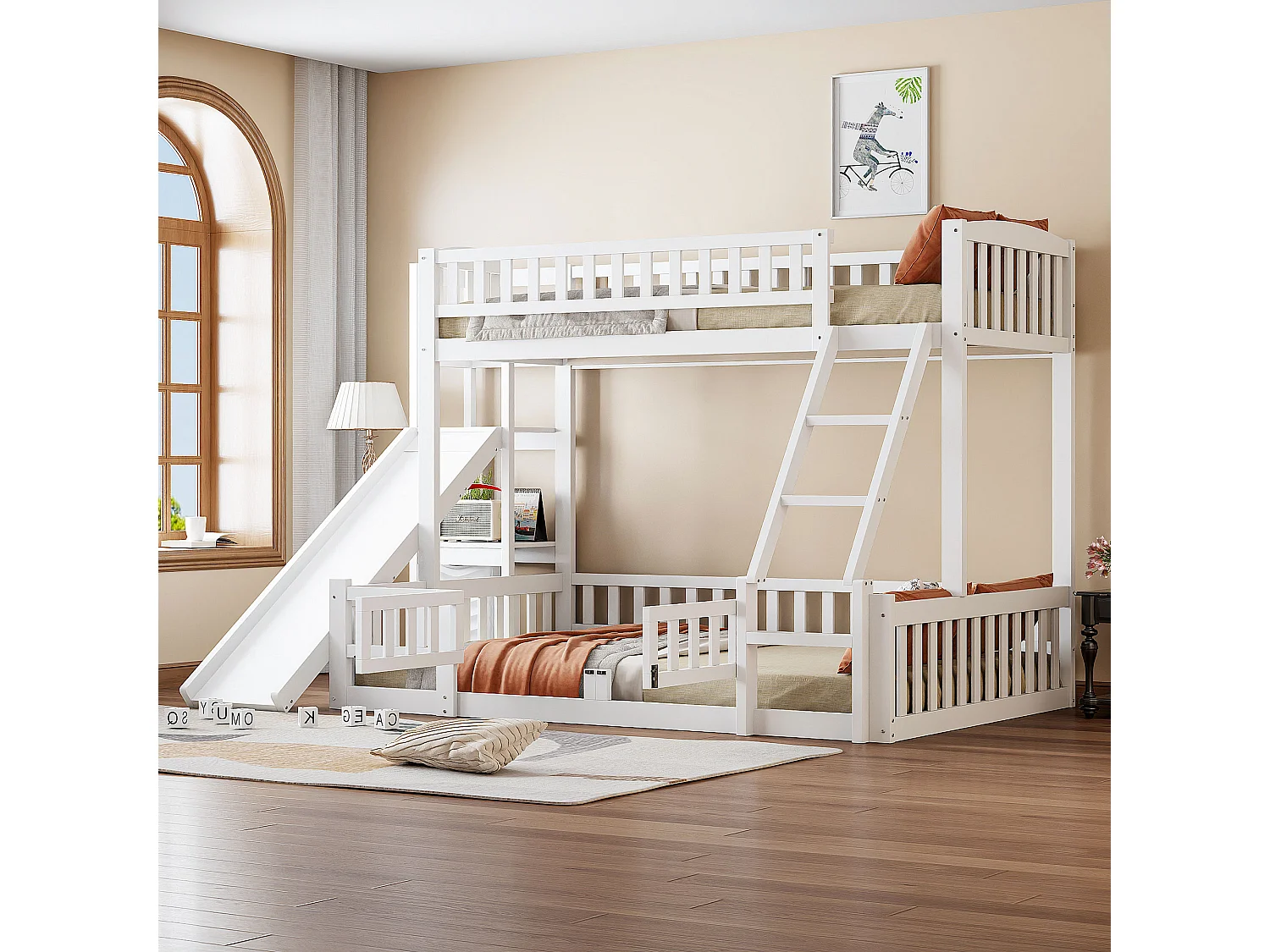 Lits superposés 140 x 200 cm + 90 x 200 cm avec toboggan, étagères et barrières de protection - Pin+MDF - Blanc (sans matelas)