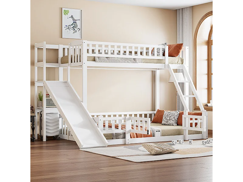 Lits superposés 140 x 200 cm + 90 x 200 cm avec toboggan, étagères et barrières de protection - Pin+MDF - Blanc (sans matelas)