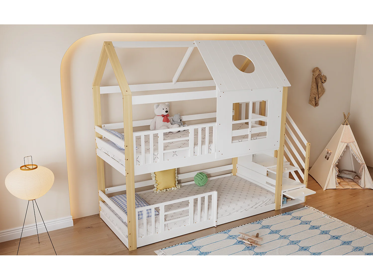 Lits superposés 2 x 90 x 200 cm avec fenêtre et toit - 3 tiroirs - Pin+MDF -Blanc+naturel