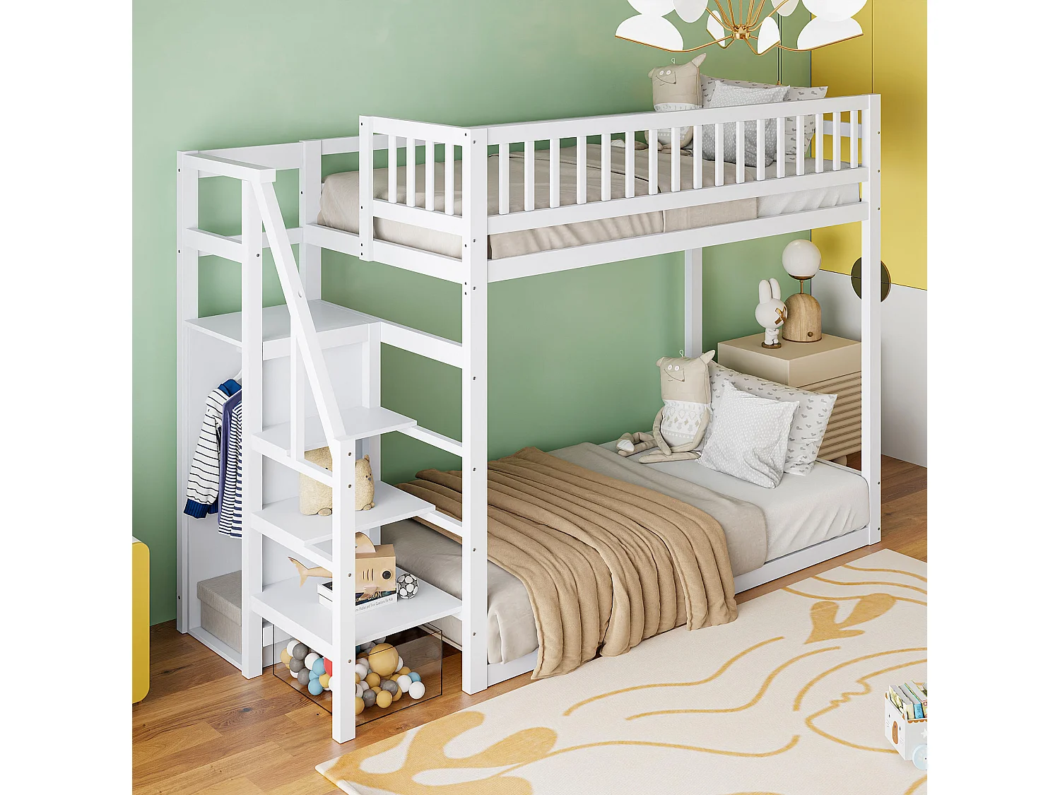 Lits superposés 2 x 90 x 200 cm avec armoire et échelle - Pin+MDF - pour enfant - Blanc (sans matelas)