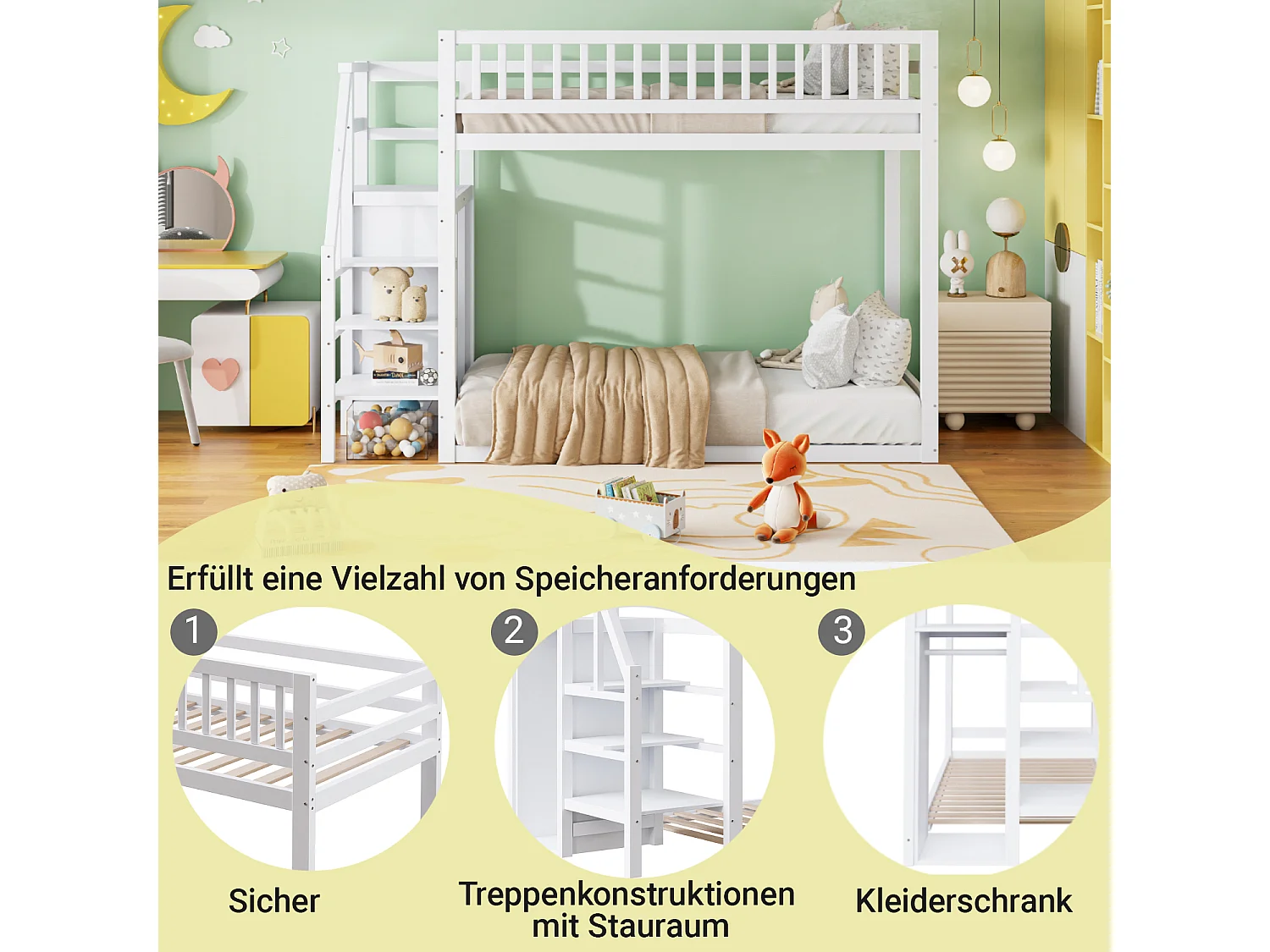 Lits superposés 2 x 90 x 200 cm avec armoire et échelle - Pin+MDF - pour enfant - Blanc (sans matelas)
