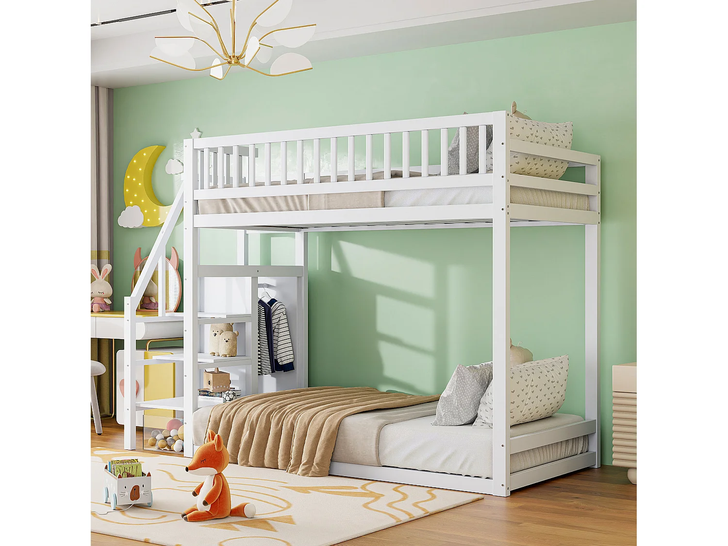 Lits superposés 2 x 90 x 200 cm avec armoire et échelle - Pin+MDF - pour enfant - Blanc (sans matelas)