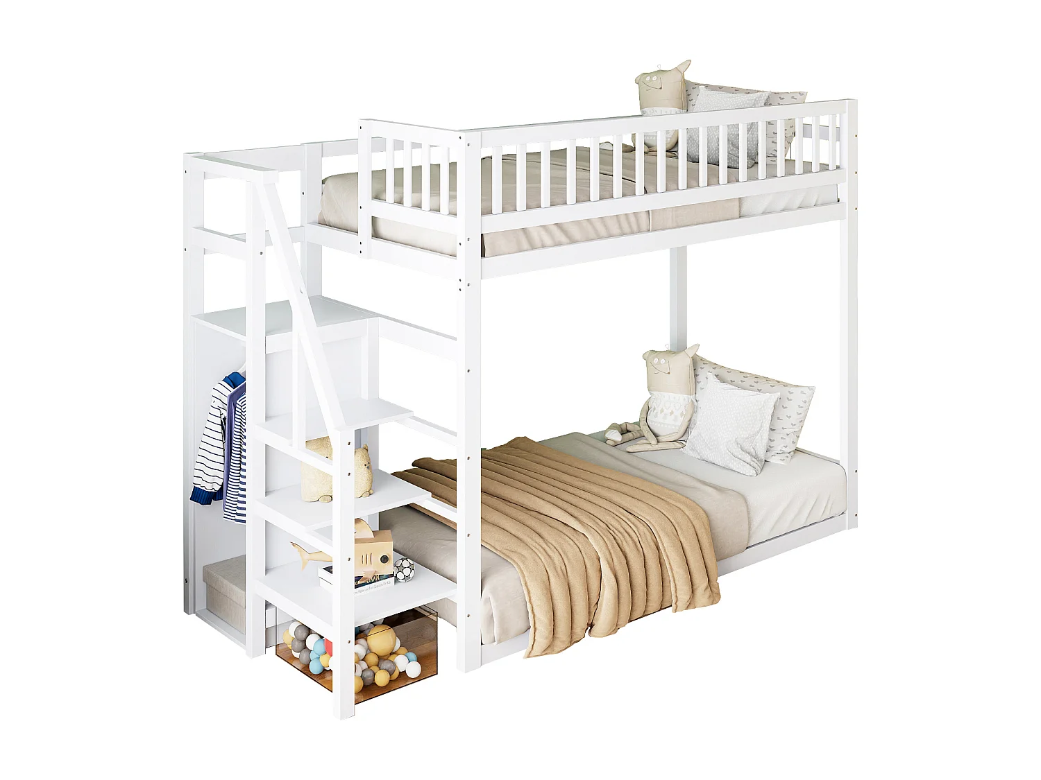 Lits superposés 2 x 90 x 200 cm avec armoire et échelle - Pin+MDF - pour enfant - Blanc (sans matelas)