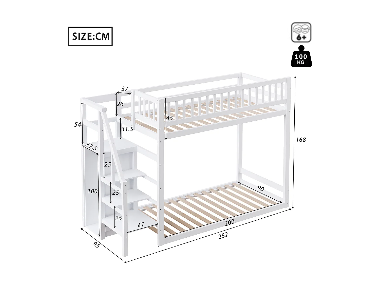 Lits superposés 2 x 90 x 200 cm avec armoire et échelle - Pin+MDF - pour enfant - Blanc (sans matelas)