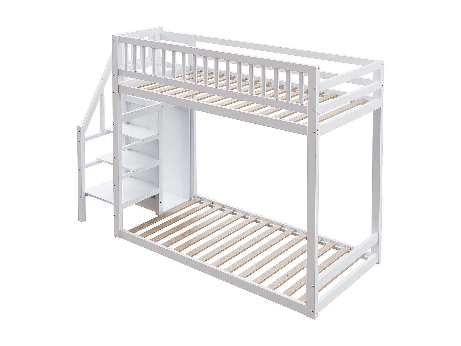 Lits superposés 2 x 90 x 200 cm avec armoire et échelle - Pin+MDF - pour enfant - Blanc (sans matelas)