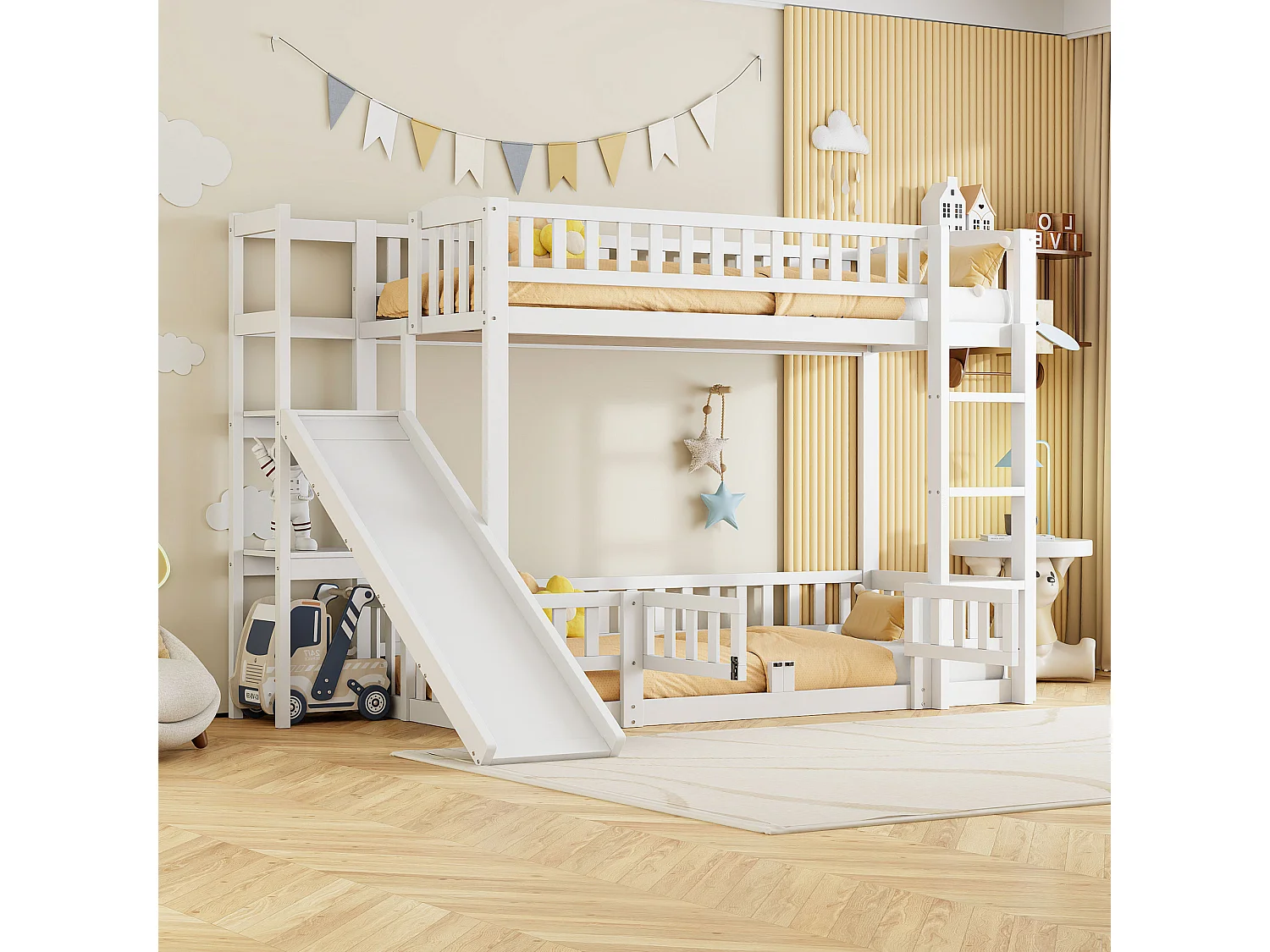 Letti a castello 2 x 90 x 200 cm con scivolo, ripiani e barriere di sicurezza - Pino + MDF - per bambini - Bianco (senza materasso)