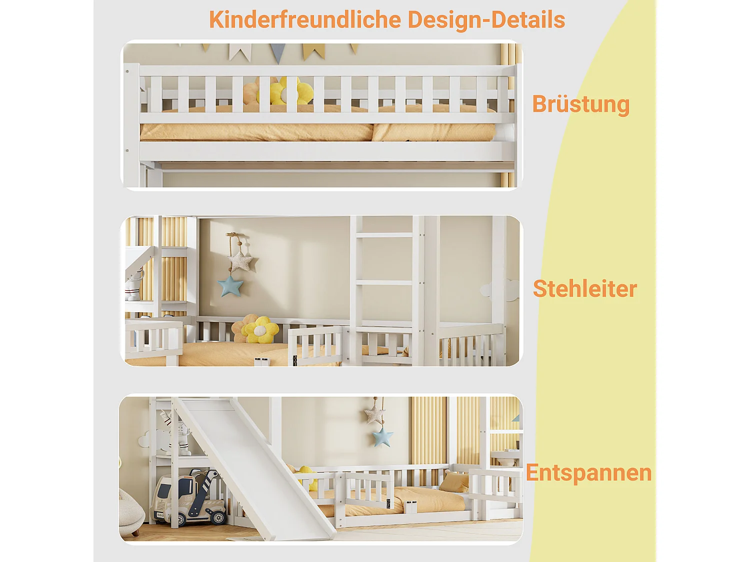 Letti a castello 2 x 90 x 200 cm con scivolo, ripiani e barriere di sicurezza - Pino + MDF - per bambini - Bianco (senza materasso)