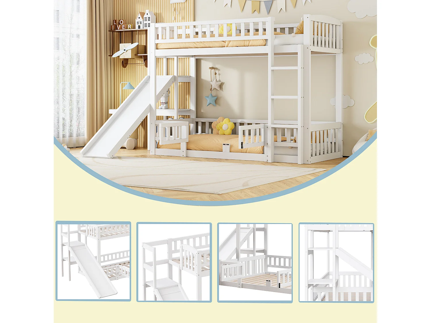 Letti a castello 2 x 90 x 200 cm con scivolo, ripiani e barriere di sicurezza - Pino + MDF - per bambini - Bianco (senza materasso)