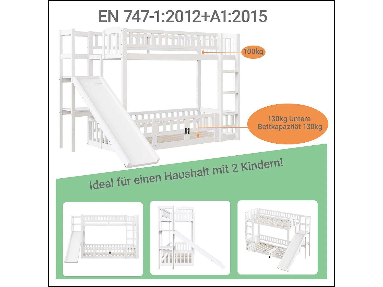 Letti a castello 2 x 90 x 200 cm con scivolo, ripiani e barriere di sicurezza - Pino + MDF - per bambini - Bianco (senza materasso)