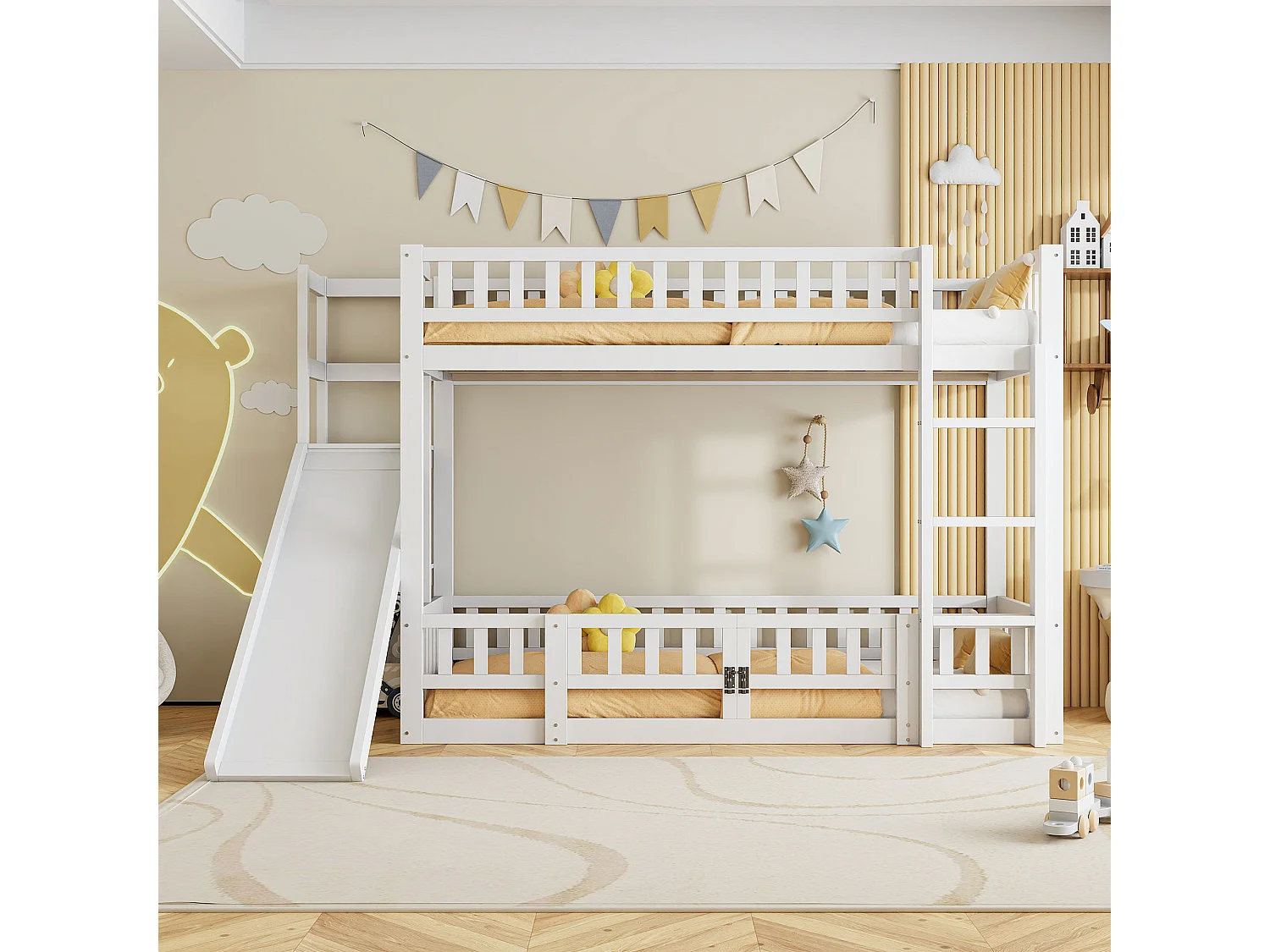 Letti a castello 2 x 90 x 200 cm con scivolo, ripiani e barriere di sicurezza - Pino + MDF - per bambini - Bianco (senza materasso)