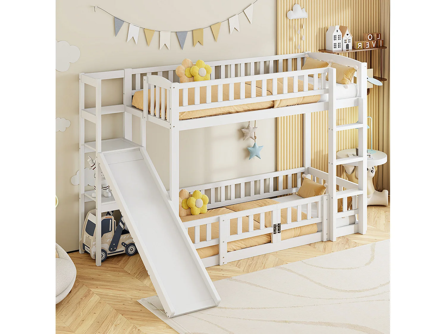 Letti a castello 2 x 90 x 200 cm con scivolo, ripiani e barriere di sicurezza - Pino + MDF - per bambini - Bianco (senza materasso)