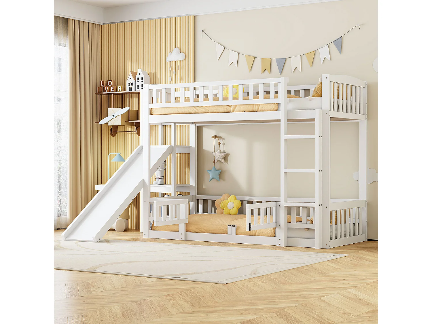 Letti a castello 2 x 90 x 200 cm con scivolo, ripiani e barriere di sicurezza - Pino + MDF - per bambini - Bianco (senza materasso)