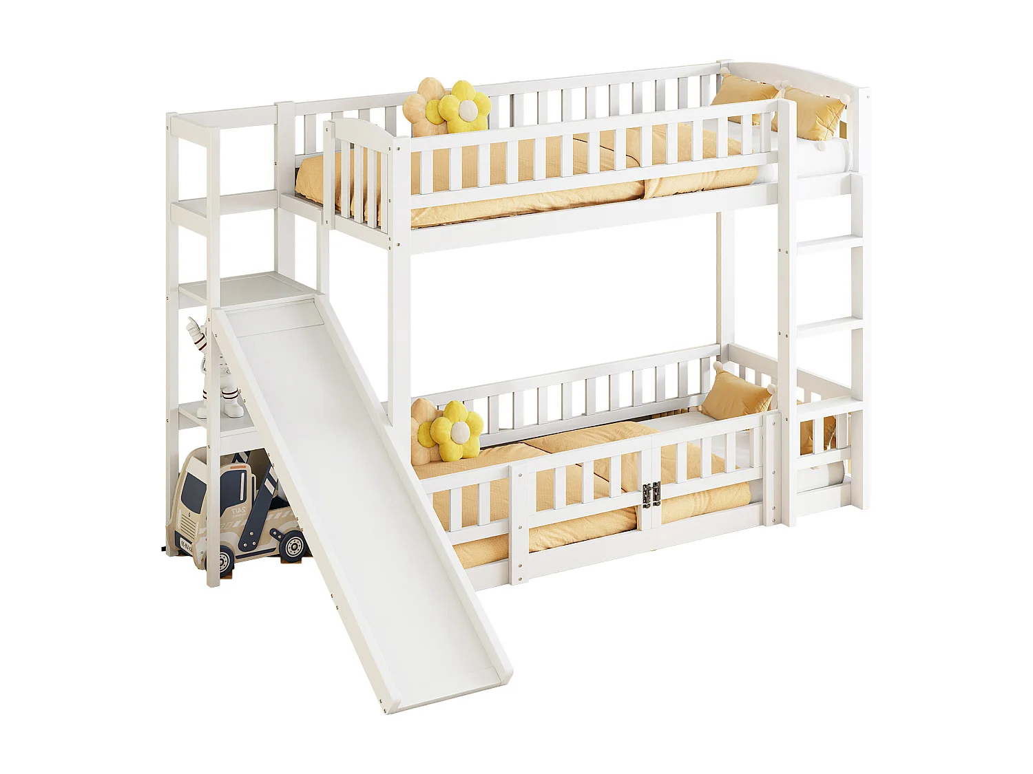 Letti a castello 2 x 90 x 200 cm con scivolo, ripiani e barriere di sicurezza - Pino + MDF - per bambini - Bianco (senza materasso)