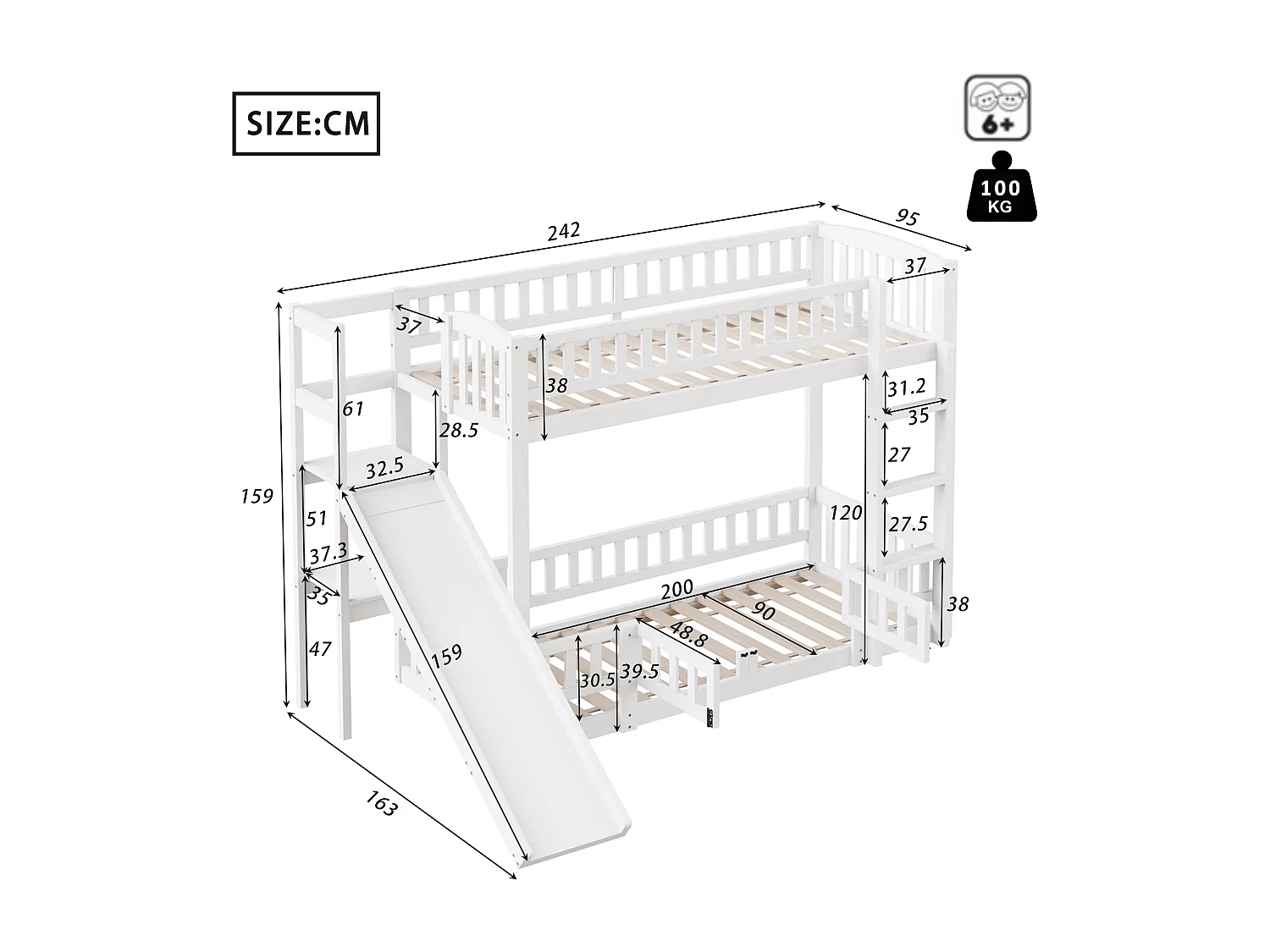 Letti a castello 2 x 90 x 200 cm con scivolo, ripiani e barriere di sicurezza - Pino + MDF - per bambini - Bianco (senza materasso)