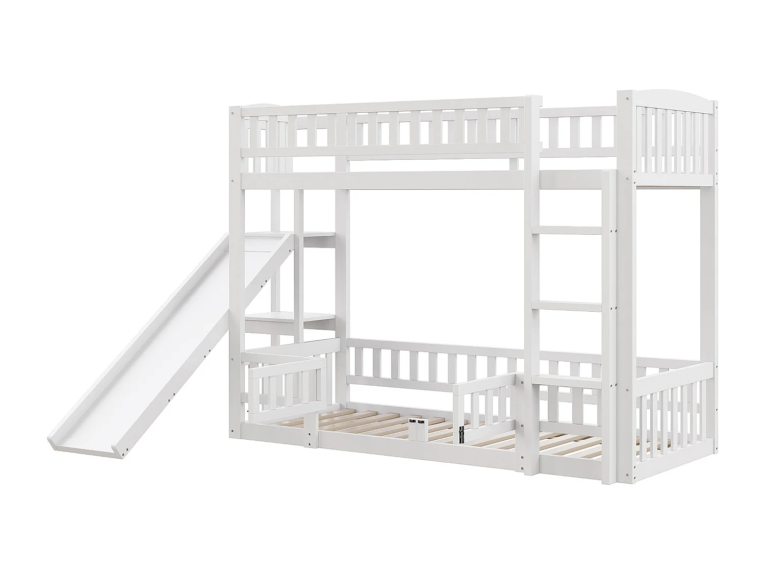 Letti a castello 2 x 90 x 200 cm con scivolo, ripiani e barriere di sicurezza - Pino + MDF - per bambini - Bianco (senza materasso)