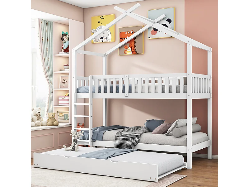 Letti a castello 2 x 90 x 200 cm con letto estraibile 90 x 190 cm - Legno di pino - Bianco (senza materasso)