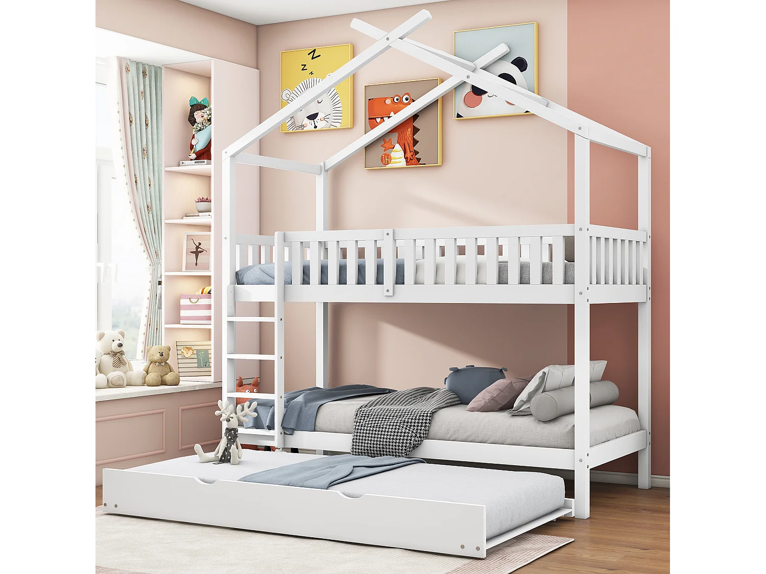 Lits superposés 2 x 90 x 200 cm avec lit gigogne 90 x 190 cm - Bois de pin - Blanc (sans matelas)