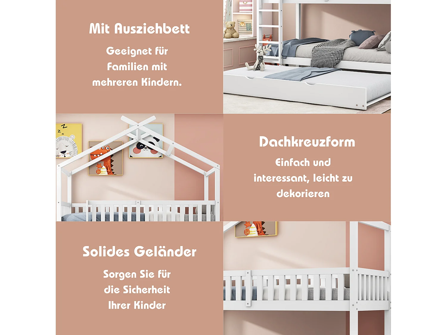 Lits superposés 2 x 90 x 200 cm avec lit gigogne 90 x 190 cm - Bois de pin - Blanc (sans matelas)