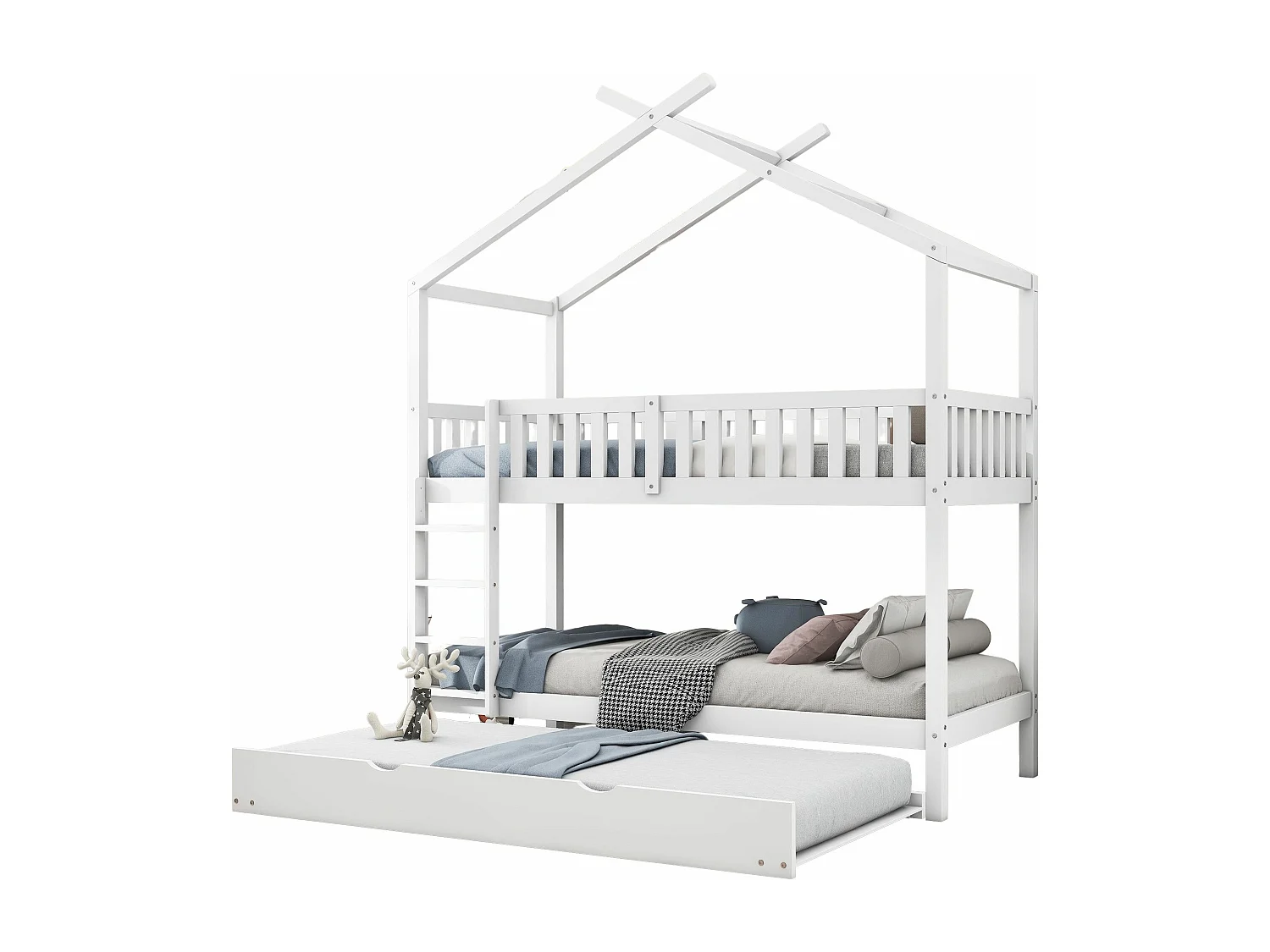 Lits superposés 2 x 90 x 200 cm avec lit gigogne 90 x 190 cm - Bois de pin - Blanc (sans matelas)