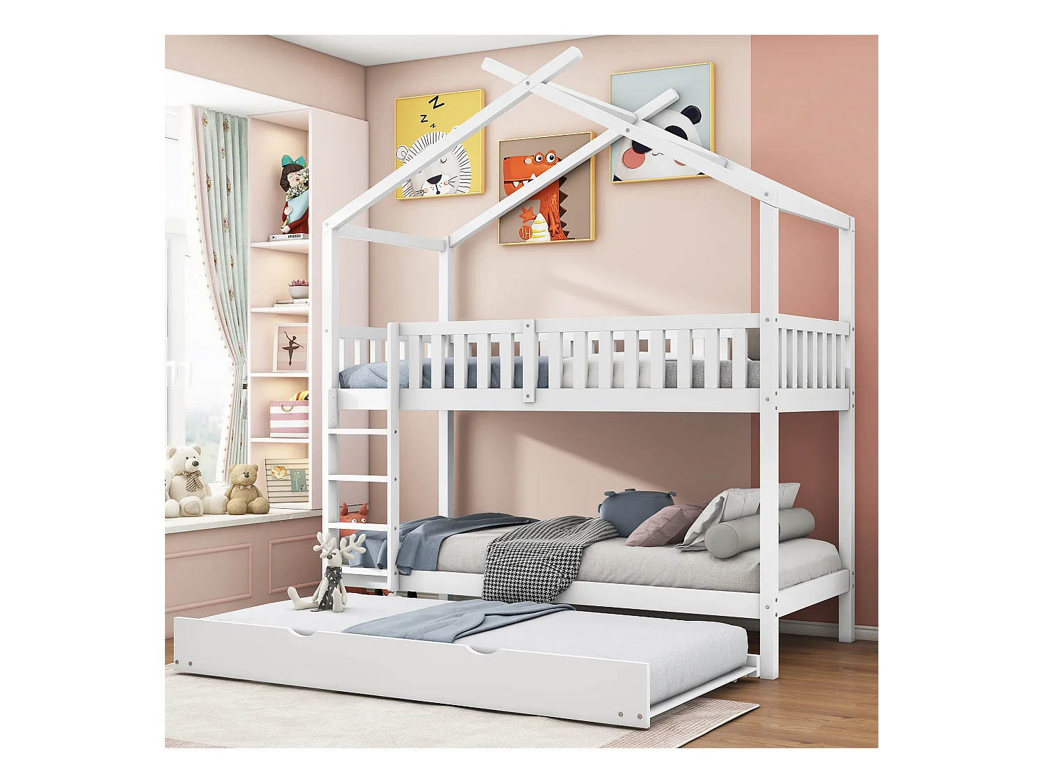 Stapelbed 2 x 90 x 200 cm met uitschuifbed 90 x 190 cm - Dennenhout - Wit (zonder matras)
