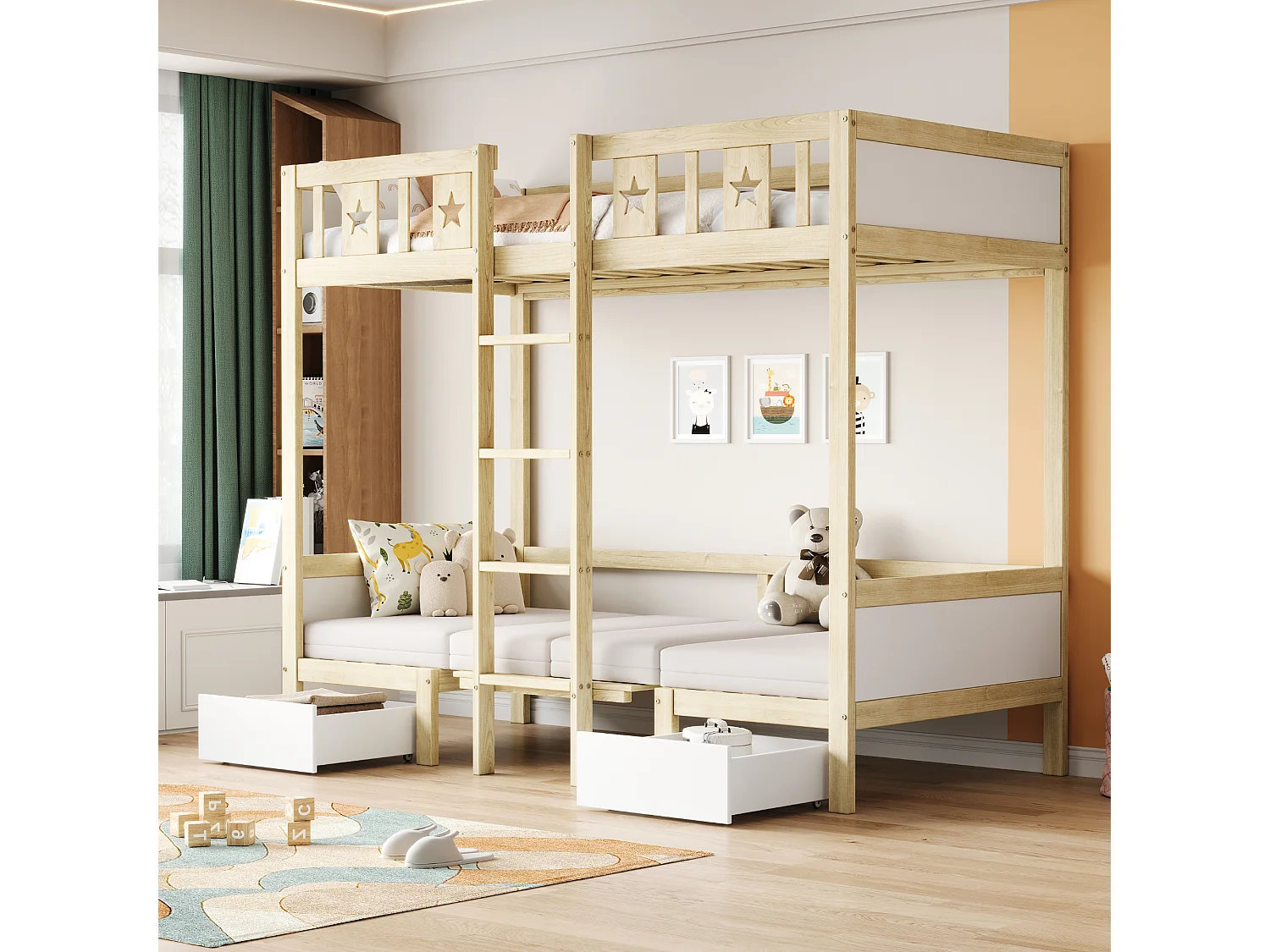 Etagenbetten 2 x 90 x 200 cm mit 2 Schubladen - 2 in 1 Bett/Schreibtisch - Kiefer + Sperrholz + MDF - für Kinder - Natur + Weiß