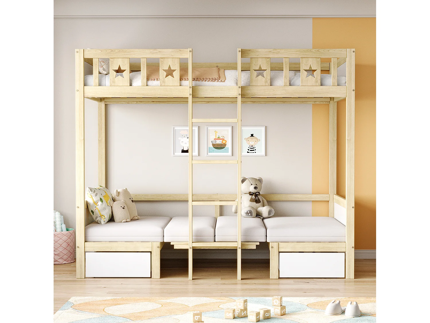 Etagenbetten 2 x 90 x 200 cm mit 2 Schubladen - 2 in 1 Bett/Schreibtisch - Kiefer + Sperrholz + MDF - für Kinder - Natur + Weiß