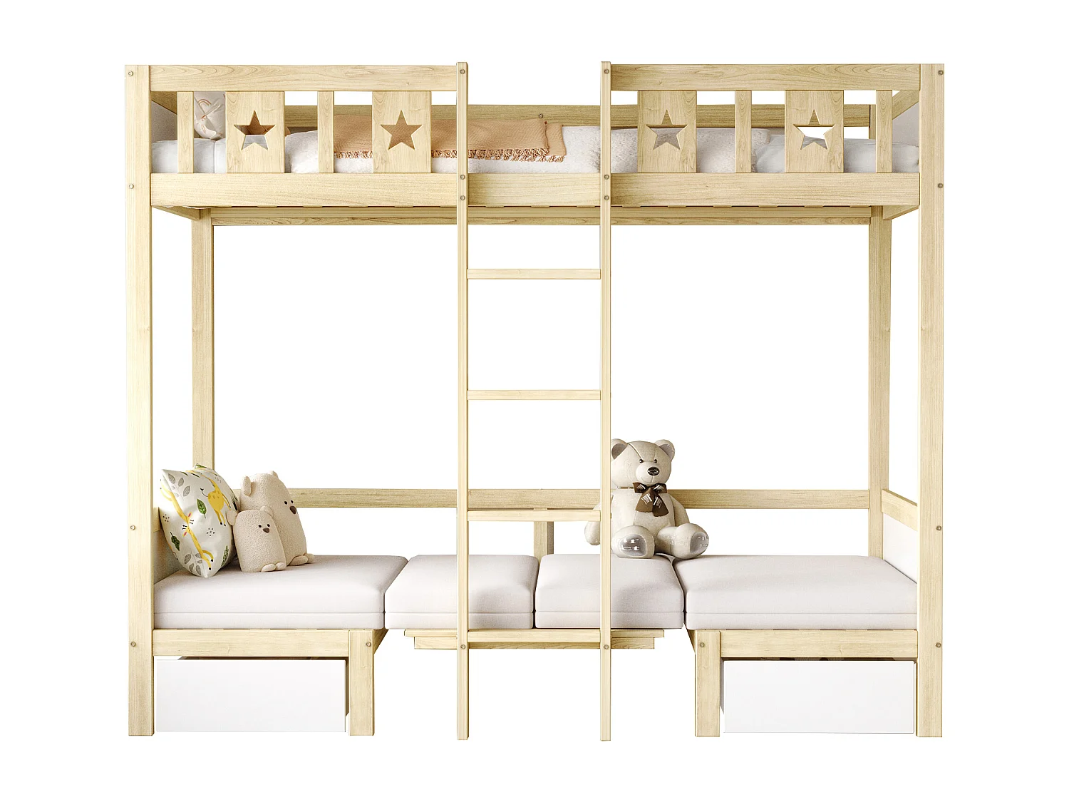 Etagenbetten 2 x 90 x 200 cm mit 2 Schubladen - 2 in 1 Bett/Schreibtisch - Kiefer + Sperrholz + MDF - für Kinder - Natur + Weiß