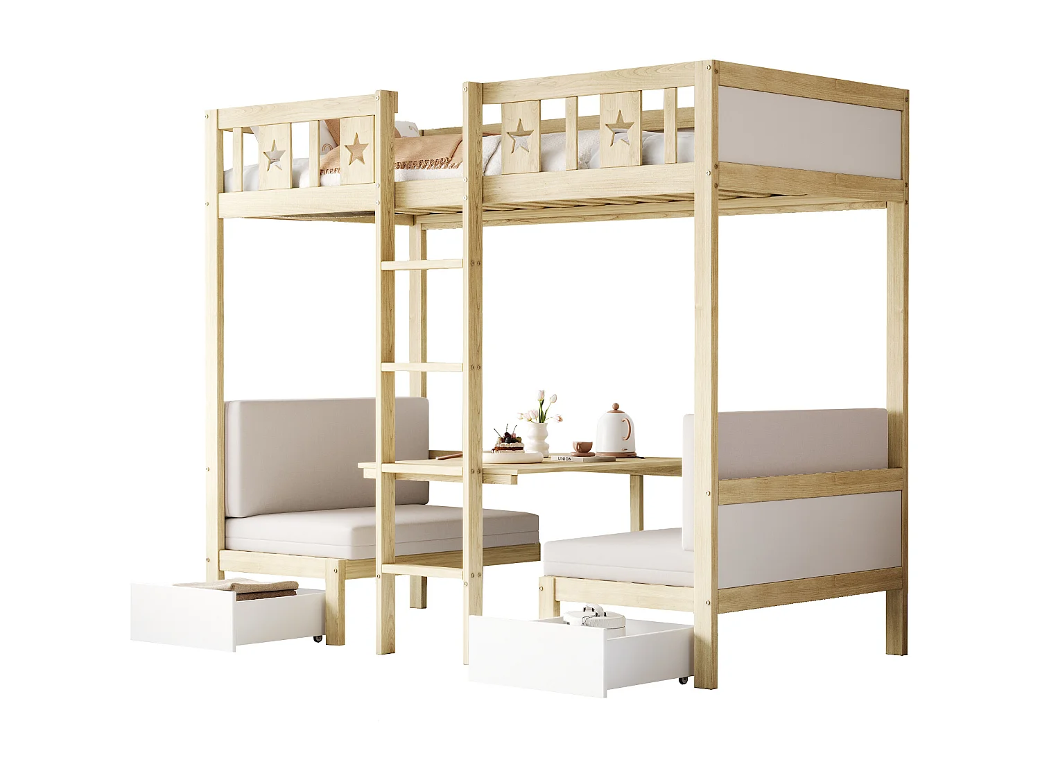 Etagenbetten 2 x 90 x 200 cm mit 2 Schubladen - 2 in 1 Bett/Schreibtisch - Kiefer + Sperrholz + MDF - für Kinder - Natur + Weiß