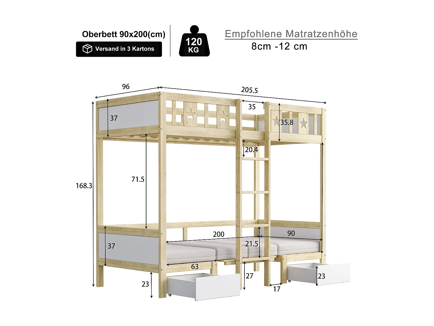 Etagenbetten 2 x 90 x 200 cm mit 2 Schubladen - 2 in 1 Bett/Schreibtisch - Kiefer + Sperrholz + MDF - für Kinder - Natur + Weiß
