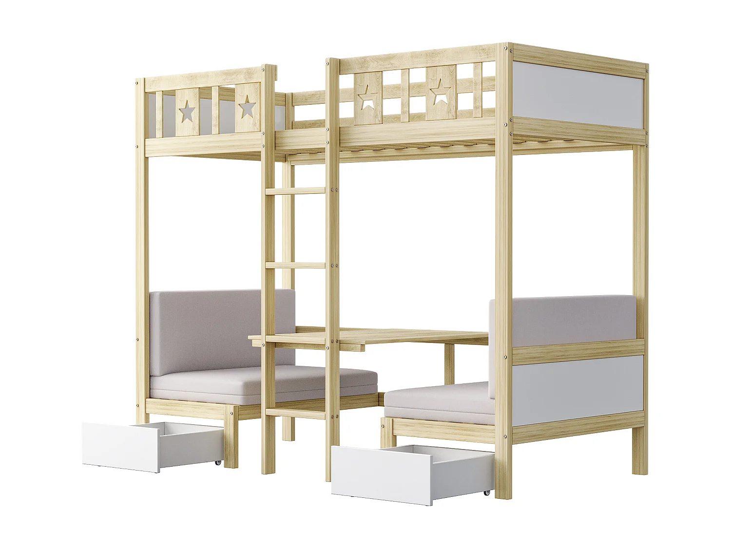 Etagenbetten 2 x 90 x 200 cm mit 2 Schubladen - 2 in 1 Bett/Schreibtisch - Kiefer + Sperrholz + MDF - für Kinder - Natur + Weiß